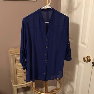 Blue sheer blouse with gold buttons